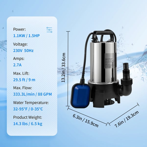 Uppovesipumppu, 1100W 20000L/H, 10 m johto, ruostumaton teräs