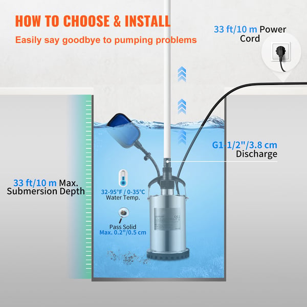 Nedsænkelig vandpumpe, 550W, 9500L/H, 10 m ledning, rustfrit stål