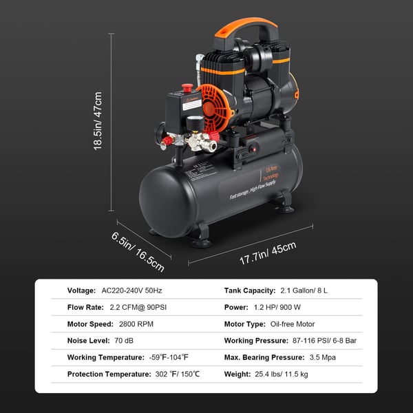 Ilmakompressori 45x16.5x47 cm 7.9 L 900W öljytön erittäin hiljainen