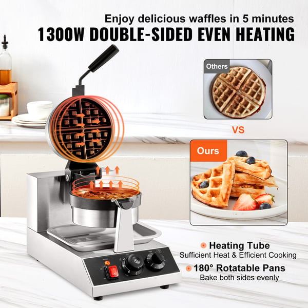 Vaffeljern, Rundt Drejeligt Non-stick 1300W, 25x38.5x30.5 cm, Rustfrit Stål