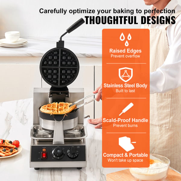 Vaffeljern, Rundt Drejeligt Non-stick 1300W, 25x38.5x30.5 cm, Rustfrit Stål