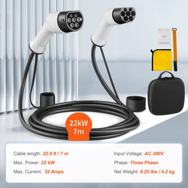 Sähköauton latauskaapeli, Type 2 - Type 2, 7 m, 32A, 22kW, musta, vedenkestävä