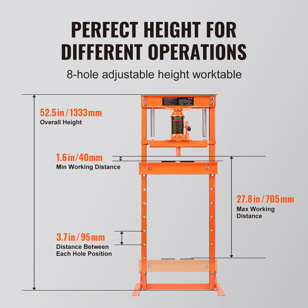 Hydraulinen työpajaprässi, 12 tonnin H-runko, 56x51x133,3 cm, oranssi, säädettävä teräs