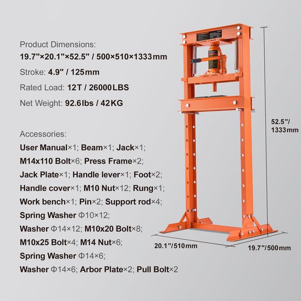 Hydraulinen työpajaprässi, 12 tonnin H-runko, 56x51x133,3 cm, oranssi, säädettävä teräs