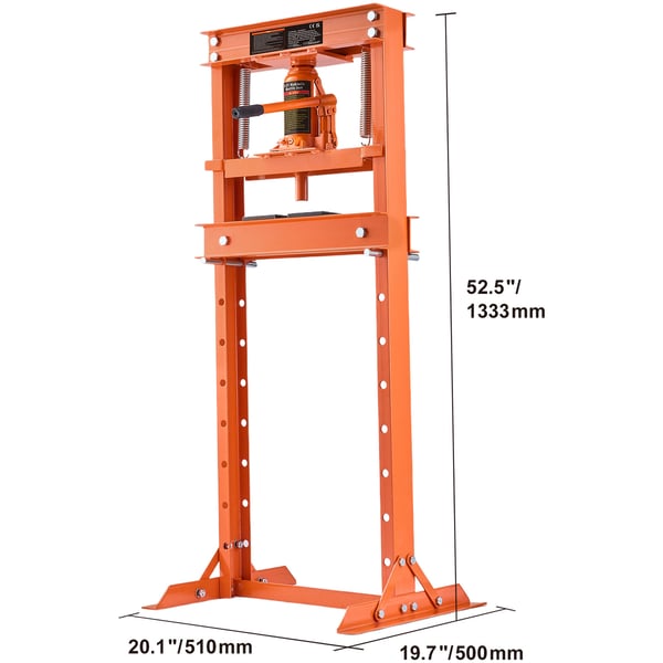 Hydraulinen työpajaprässi, 12 tonnin H-runko, 56x51x133,3 cm, oranssi, säädettävä teräs
