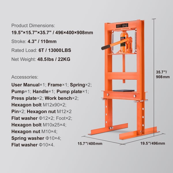 Hydraulisk værkstedspræser, 6 ton, 49,6x40x90,3 cm, stål