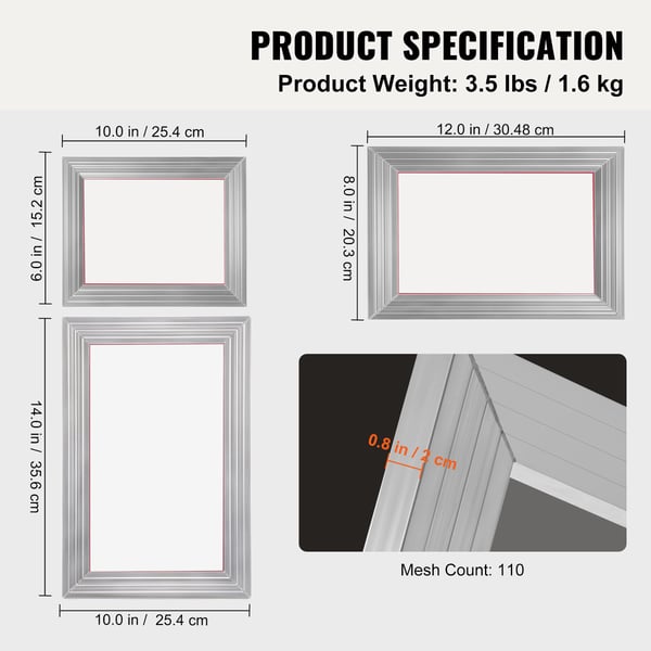 Serigrafi-sæt, 3 stk. aluminiumsrammer 15,2x25,4/20,3x30,5/25,4x35,6 cm, 110 mesh, DIY tryk