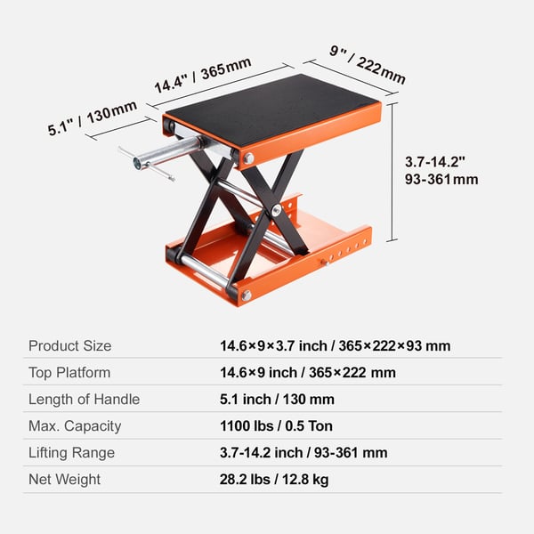 Motorcykel sakseløfter, 365x222x93 mm, 499,5 kg, bred platform