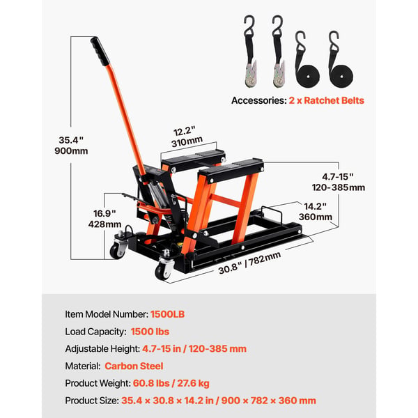 Motorcykel hydraulisk pumpdomkraft 78,2x36x42,8 cm, 680,4 kg, stål