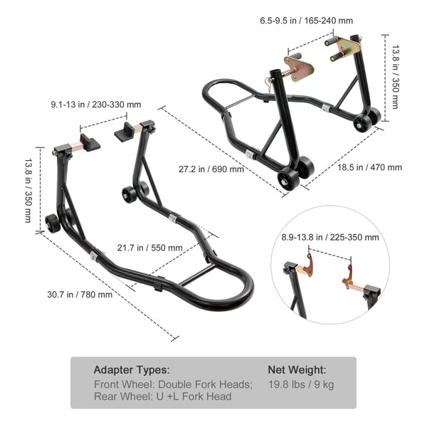 Motorcykelstativ, For- og baghjulsløft 47x69x34,5 cm 55x78x36,5 cm Sort, Stål