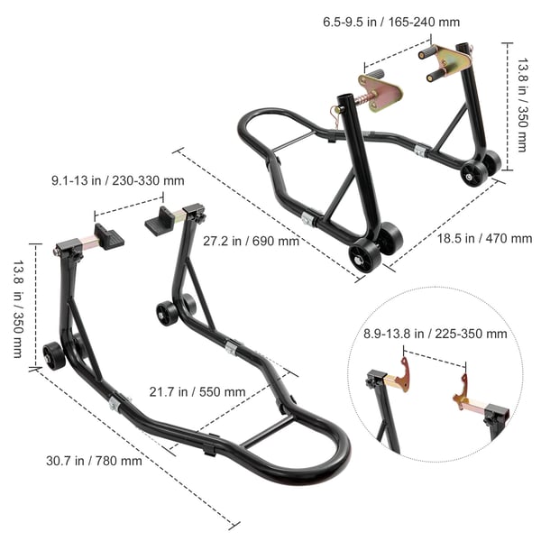 Motorcykelstativ, For- og baghjulsløft 47x69x34,5 cm 55x78x36,5 cm Sort, Stål