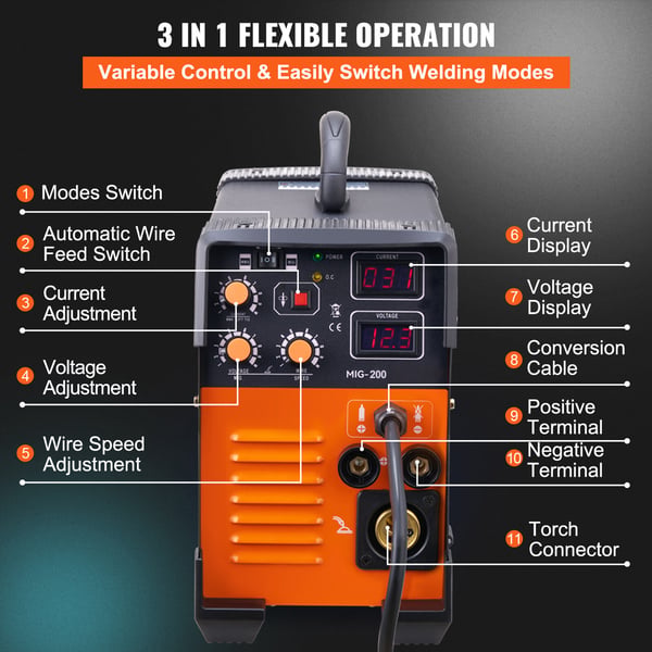 Svetstransformator, 3-i-1 MIG TIG Arc Svets 200 Amp, 43x18.5x11.7 cm, Digital Display