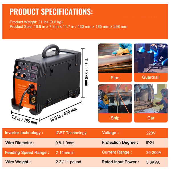 Svetstransformator, 3-i-1 MIG TIG Arc Svets 200 Amp, 43x18.5x11.7 cm, Digital Display