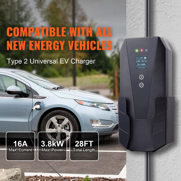 Sähköauton laturi, kannettava Type 2 16A 3.7 kW 8,6 m kaapeli, kotilatausasema, IP66