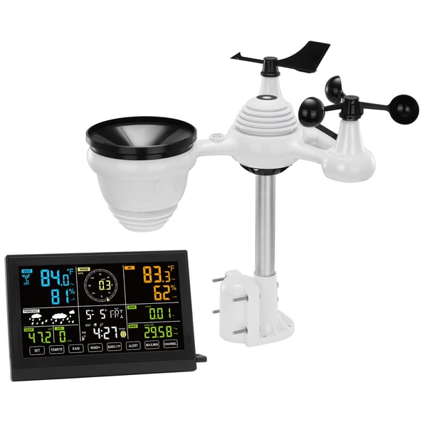 Vejrstation, 7-i-1 trådløs digital hjemmevejrstation, 19 cm farvedisplay, indendørs udendørs, alarm