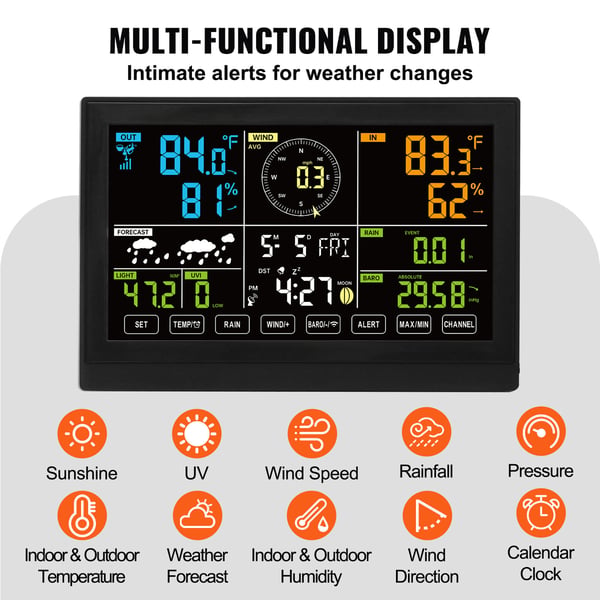 Vejrstation, 7-i-1 trådløs digital hjemmevejrstation, 19 cm farvedisplay, indendørs udendørs, alarm