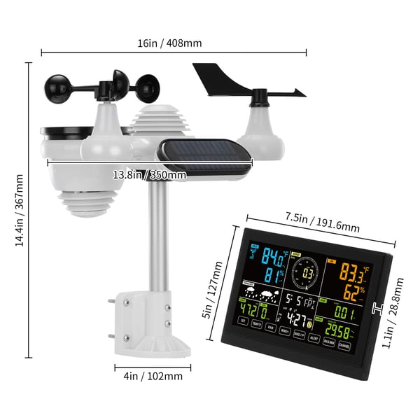 Vejrstation, 7-i-1 trådløs digital hjemmevejrstation, 19 cm farvedisplay, indendørs udendørs, alarm