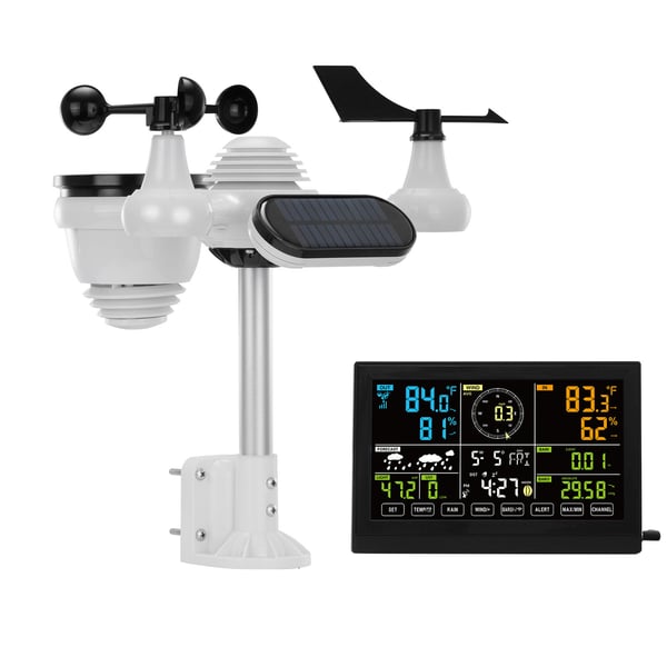 Vejrstation, 7-i-1 trådløs digital hjemmevejrstation, 19 cm farvedisplay, indendørs udendørs, alarm