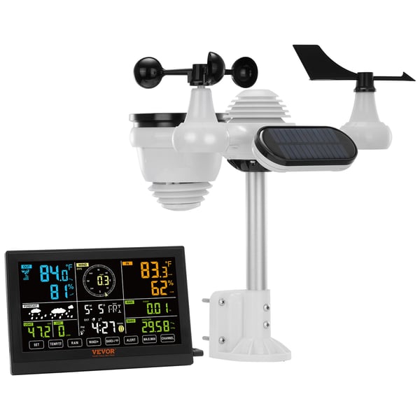 Vejrstation, 7-i-1 trådløs digital hjemmevejrstation, 19 cm farvedisplay, indendørs udendørs, alarm
