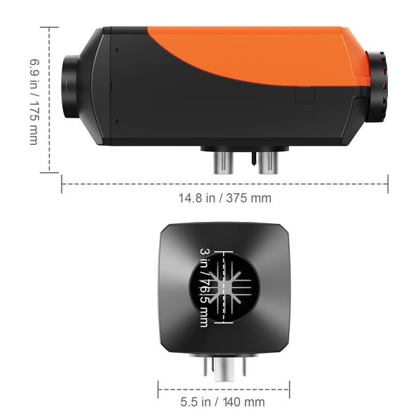 Dieselvärmare, 375x140x175 mm, 12V 8KW, Bluetooth-styrning, svart, uppvärmning