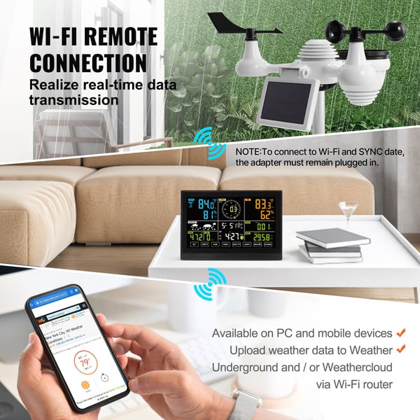 Väderstation, 7-i-1 Wi-Fi inomhus/utomhus, 19.1x12.7x2.9 cm, färgdisplay