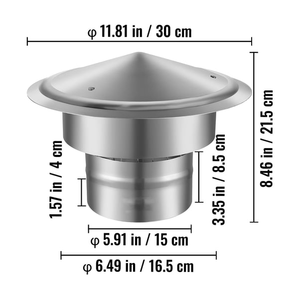 Skorstenshuv, 300x300x220 mm, Silver, 304 rostfritt stål
