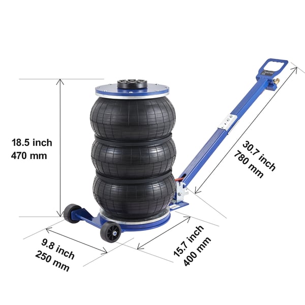 Luftdonkraft, Tredobbelt pose-pneumatisk donkraft 400x250x470 mm, Blå, Stål