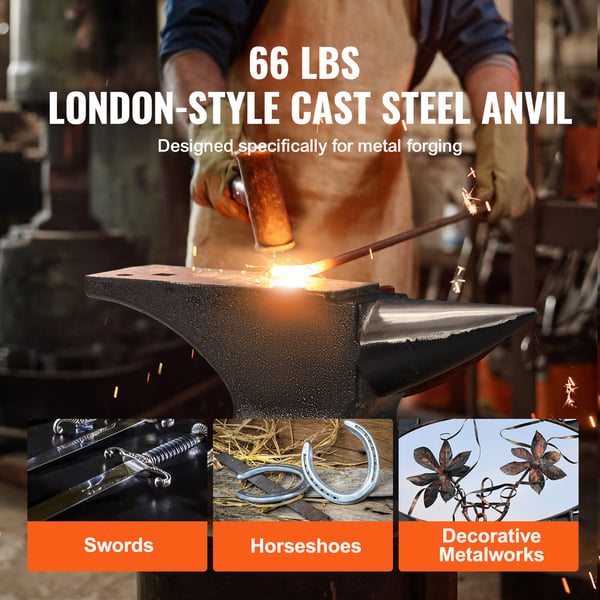 Ambolt, enkelt horn støbt stål, 44,3x20,3x20,6 cm, metalbearbejdningsværktøj