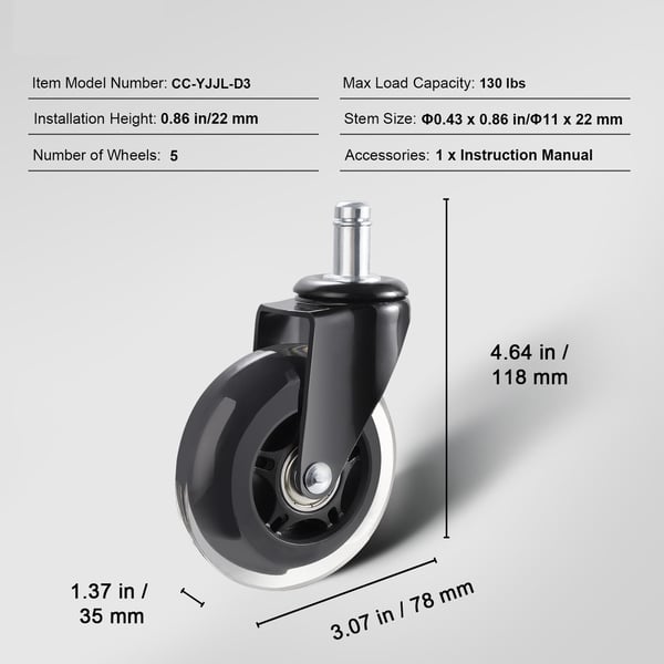 Kontorstol hjul sæt med 5, 7,6 cm, sort, kraftig udskiftning