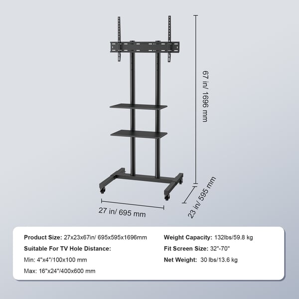 TV-bord, Mobil TV-stander, 69,5x59,5x169,6 cm, Justerbar, Med hjul