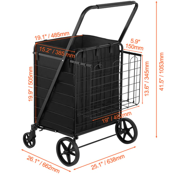 Sammenklappelig indkøbsvogn, 63.8x66.2x105.3 cm, sort, metalnetbund