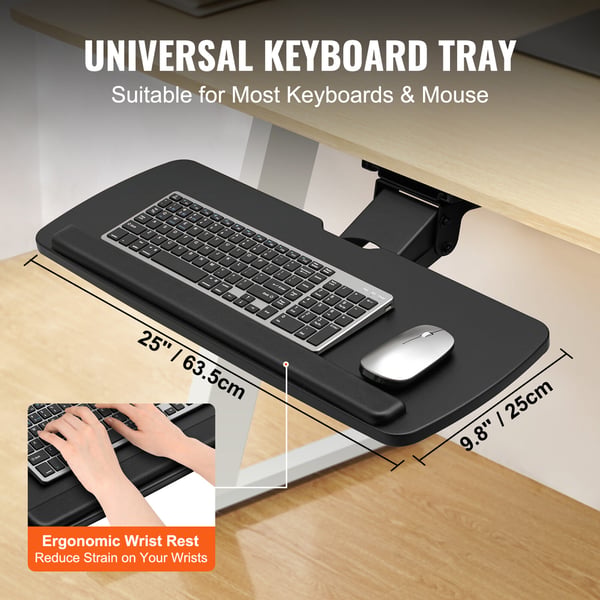 Tastaturbakke, Justerbar højde og vinkel, 63,5x25 cm, Sort, Ergonomisk