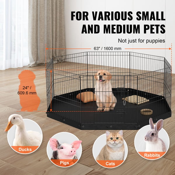 Hundegård, 8-panel foldbar metal løbegård 160x160x61 cm, sort, indendørs udendørs hundehegn