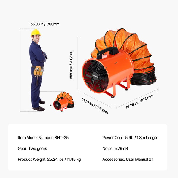 Ventilaattoripuhallin, 25,4 cm kannettava teollisuuspuhallin 10 m letkulla, oranssi, teräs