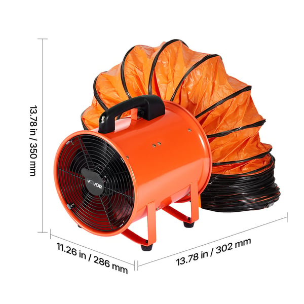 Ventilaattoripuhallin, 25,4 cm kannettava teollisuuspuhallin 10 m letkulla, oranssi, teräs