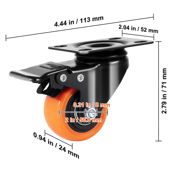 Pyörät, 5,1 cm kääntyvät levypyörät, 4 kpl setti, 113x52x71 mm, raskas käyttö