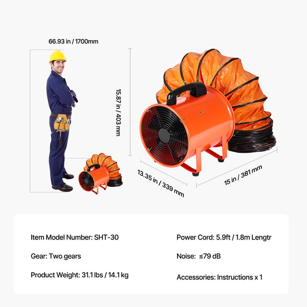 Ventilationsfläkt, 30,5 cm portabel högpresterande fläkt, 380x357x438 mm, orange, stål