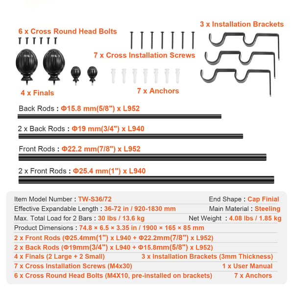 Dobbelt gardinstang, 91,4-182,9 cm justerbar, sort, stål
