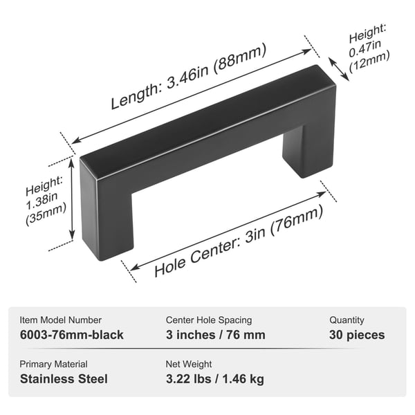 Greb til skabe, 30 stk. slank firkant, 88x12x35 mm, sort, rustfrit stål