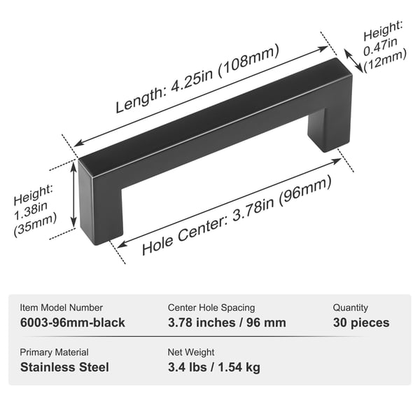 Greb til skabe, 30 stk., 108x12x35 mm, sort, rustfrit stål