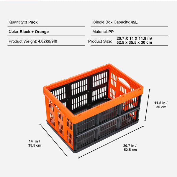 Förvaringskorg, 52.5x35.5x30 cm, Svart, Plast, Fällbar Stapelbar Förvaring