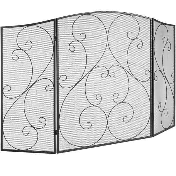 Eldstadsskydd, 3-paneligt järnnät 122x76,7 cm, svart, hopfällbar