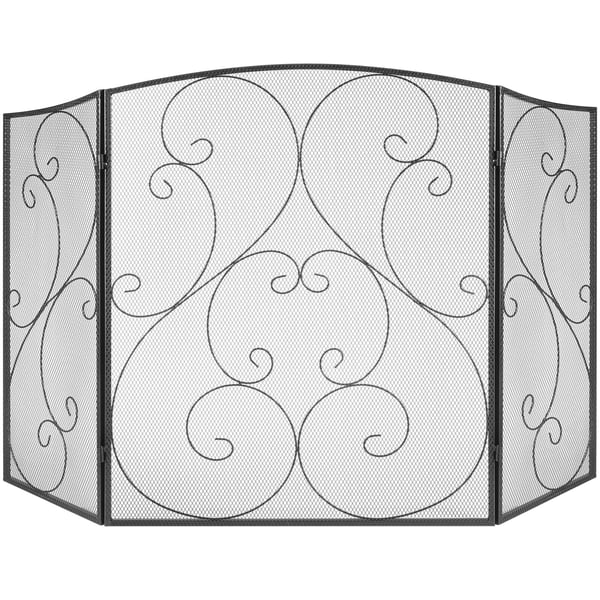 Eldstadsskydd, 3-paneligt järnnät 122x76,7 cm, svart, hopfällbar