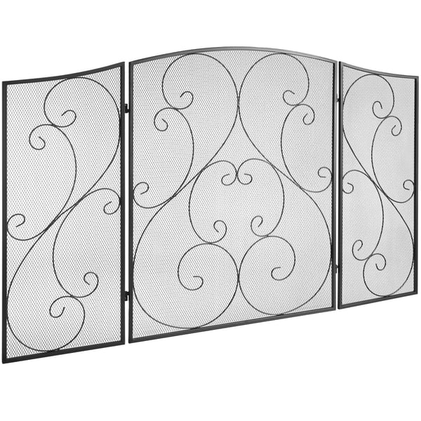Eldstadsskydd, 3-paneligt järnnät 122x76,7 cm, svart, hopfällbar