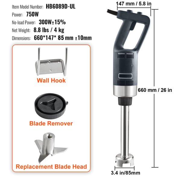 Stavblender, 750 Watt, 66x14.7x10.2 cm, Rustfrit stål