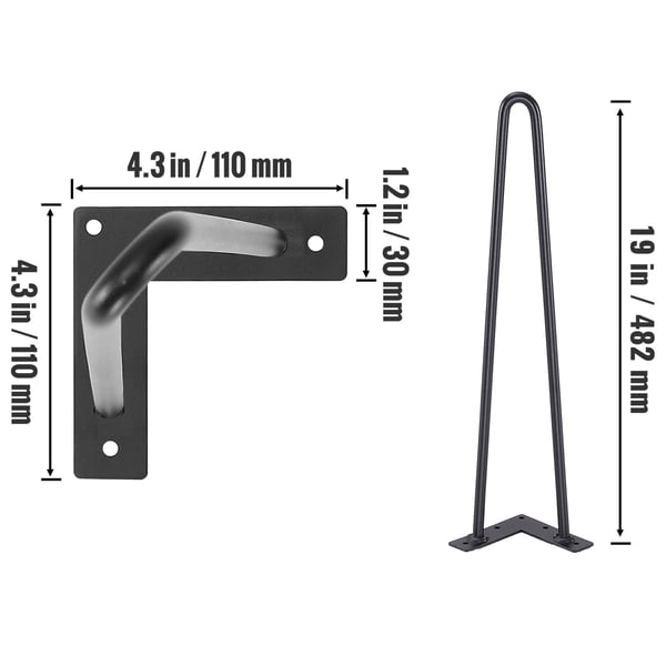 Pöydänjalat, Hairpin-metalli, 48.3x3 cm, musta, raskas käyttö