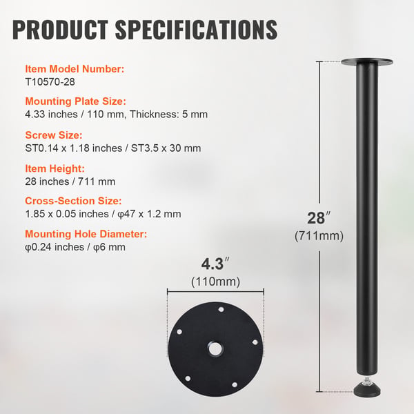 Pöydänjalat, Säädettävät Vahvistetut Teräs, 4 kpl, 71,1 cm, Musta