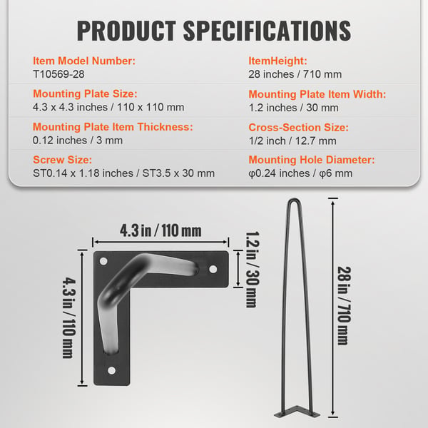 Pöydän jalat, 711,2 mm hiusneulametalli, 71x1,2 cm, musta, raskas käyttö