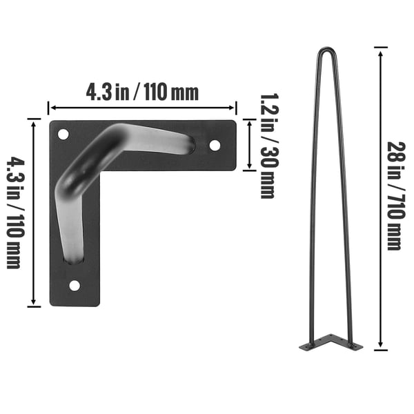 Pöydän jalat, 711,2 mm hiusneulametalli, 71x1,2 cm, musta, raskas käyttö