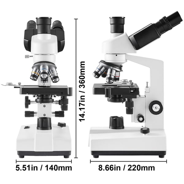 Trinokulärt sammansatt mikroskop 220x140x360 mm, LED-belysning, laboratorium